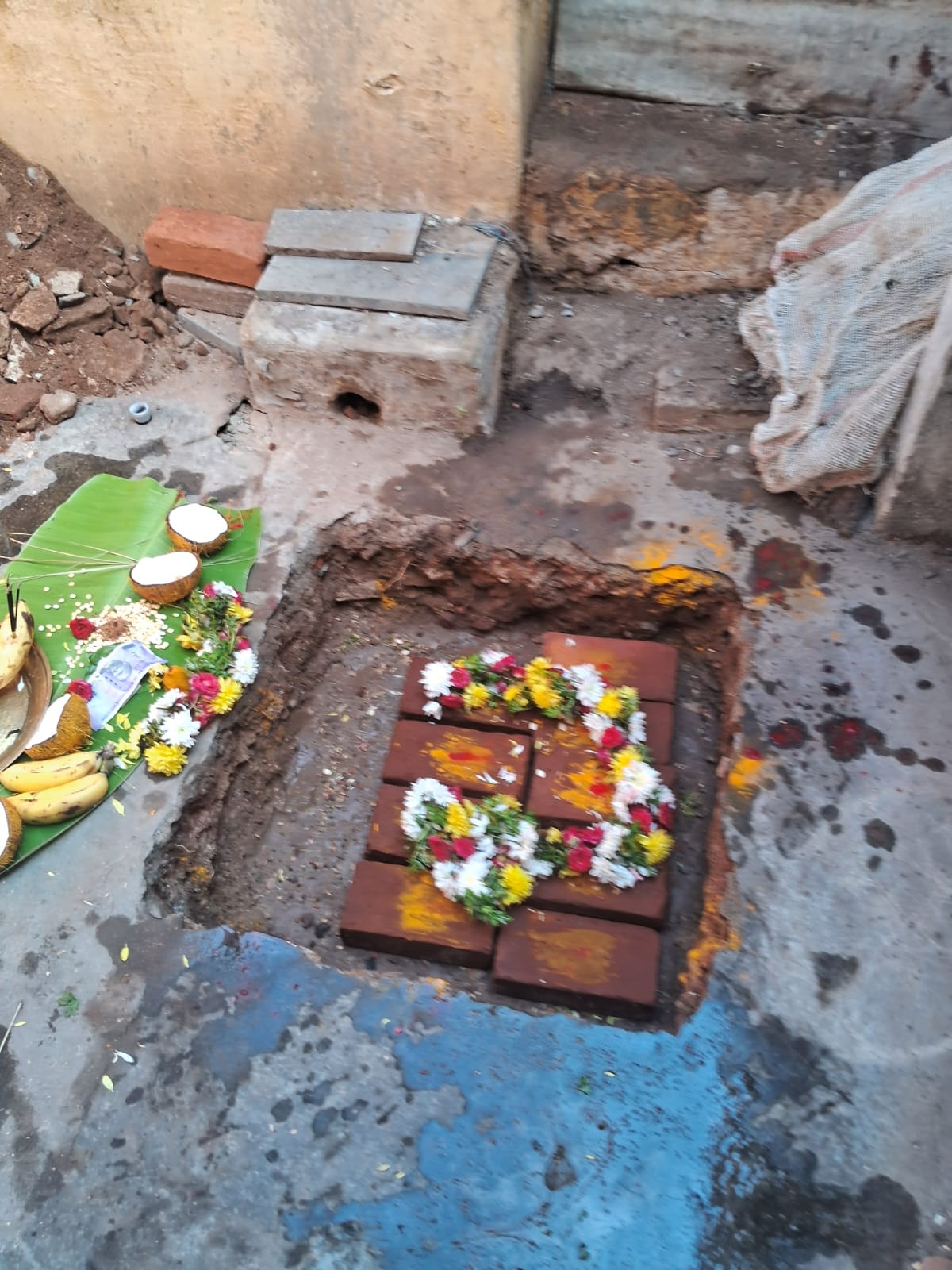 Bhoomi pooja bricks and offerings placed at the restoration site